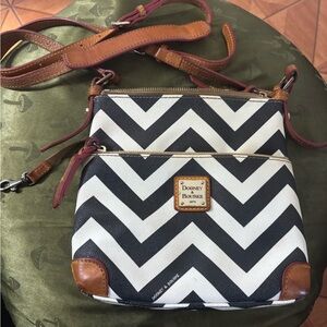 Dooney & Bourke Black and White Chevron Crossbody with Brown Leather Trim